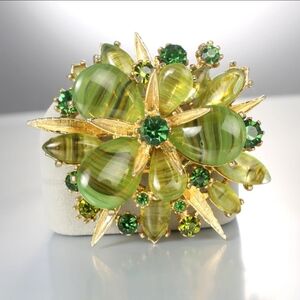 **RARE ** ART Arthur Pepper mossy striped glass cabochons & emerald rhinestones